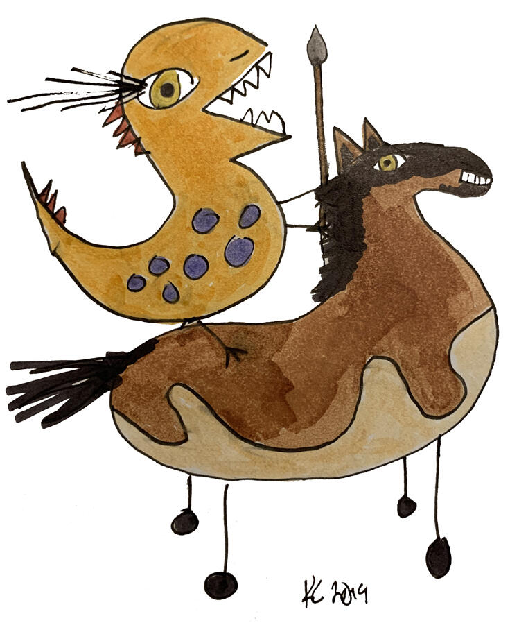 Trocious depicted in cave-painting style, shown in profile with simplified form and extended red tongue.