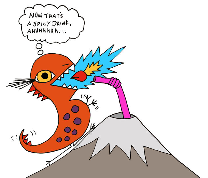 Trocious drinking lava through a pink straw from Mount Fuji during an eruption, blue flame bursting from his mouth.