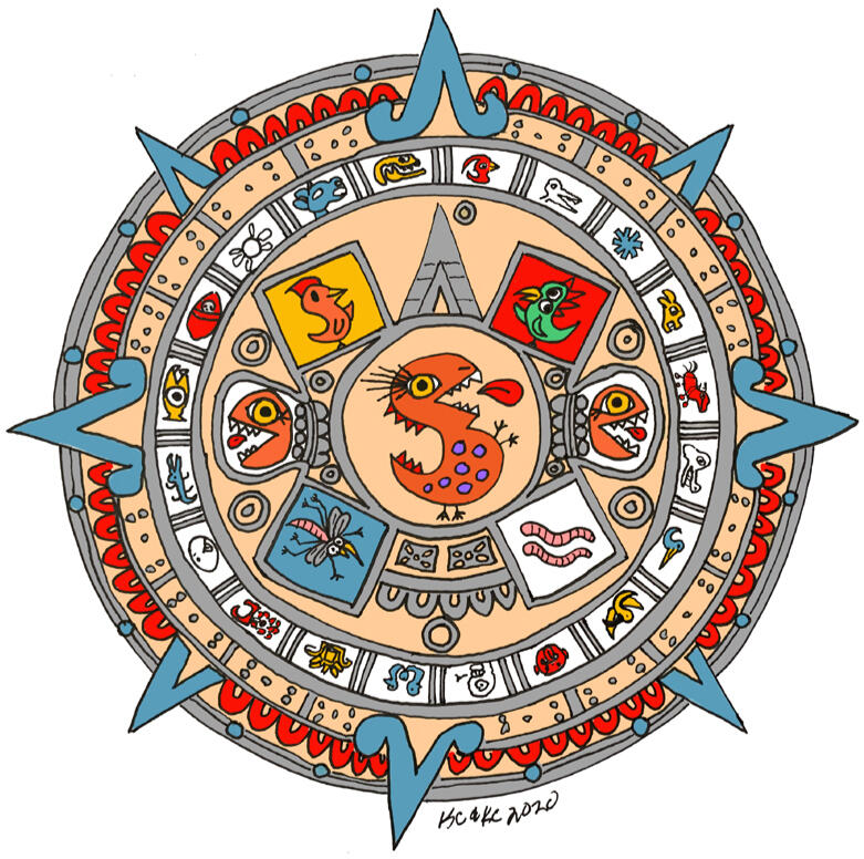 Circular Mayan-style calendar featuring Trocious at the center, surrounded by concentric rings of illustrated panels including worms, Globbly Blird, Firebird, Bug, and other symbolic glyph-like figures.