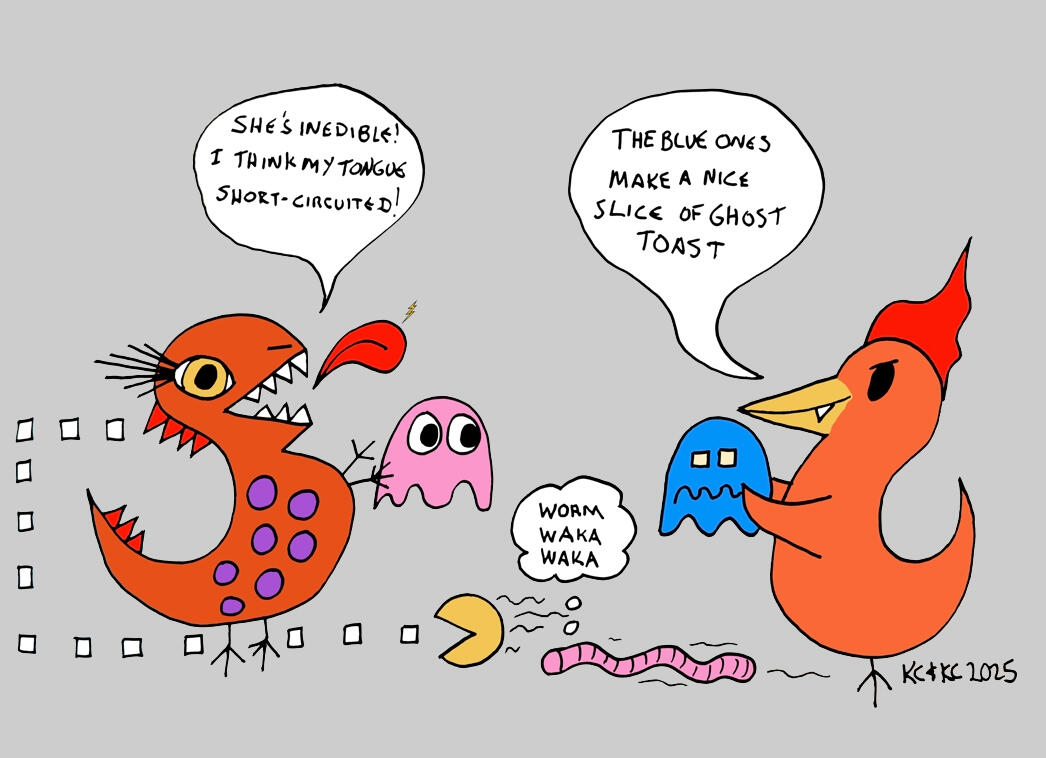Trocious reacts to a pink arcade-style ghost, saying “She’s inedible! I think my tongue short-circuited!” while Firebird holds a blue ghost and says, “The blue ones make a nice slice of ghost toast.” A small worm below mutters “Worm waka waka” as a Pac-Man