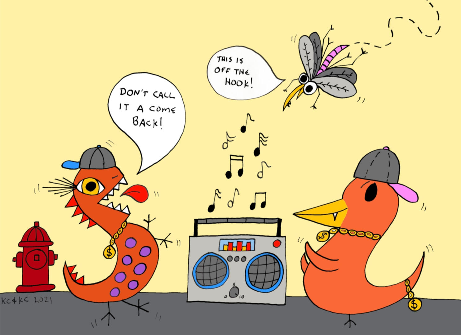 Trocious and Firebird, dressed in hip-hop style with backwards caps and gold chains, dance beside a boombox while Bug hovers above them saying, “This is off the hook!” and Trocious replies, “Don’t call it a come back!”